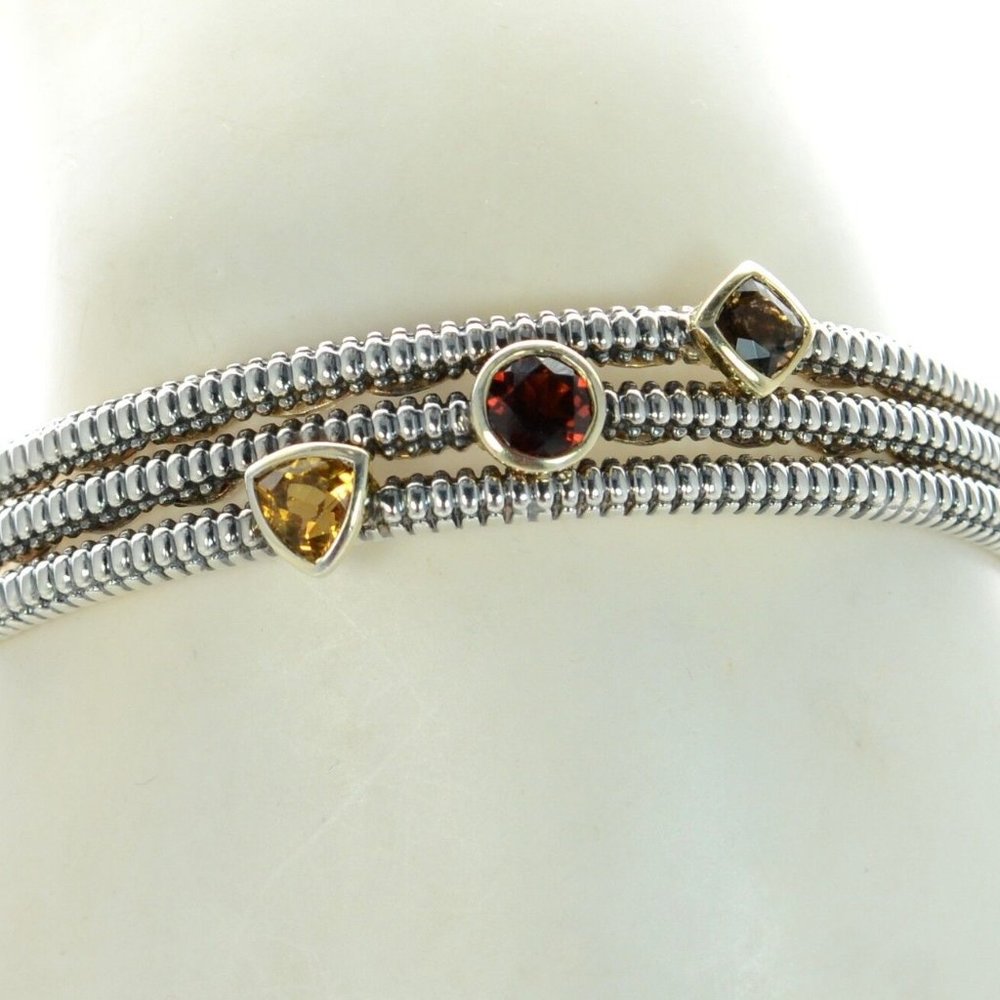 925 Sterling Silver & 14k Plumb Gold Multi-gemstone Cuff Bracelet